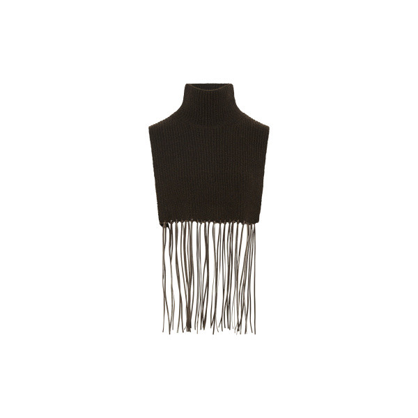 Yves Salomon Cashmere Knit Bib with Leather Fringes in Brown | Scarves | Coveti