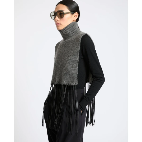 Yves Salomon Cashmere Knit Bib with Leather Fringes in Grey | Scarves | Coveti