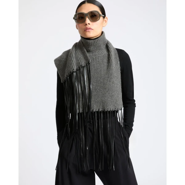Yves Salomon Cashmere Knit Bib with Leather Fringes in Grey | Scarves | Coveti
