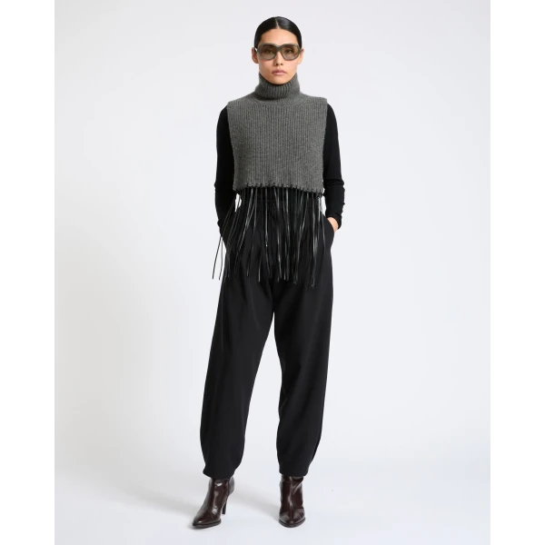 Yves Salomon Cashmere Knit Bib with Leather Fringes in Grey | Scarves | Coveti
