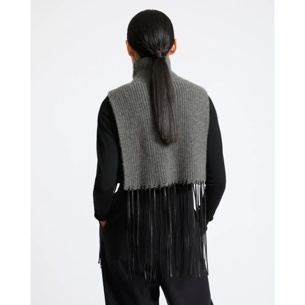 Yves Salomon Cashmere Knit Bib with Leather Fringes in Grey | Scarves | Coveti