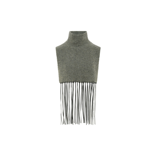 Yves Salomon Cashmere Knit Bib with Leather Fringes in Grey | Scarves | Coveti