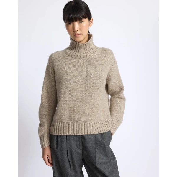 Yves Salomon Cashmere Knit Funnel Neck Sweater in Beige | Turtlenecks | Coveti