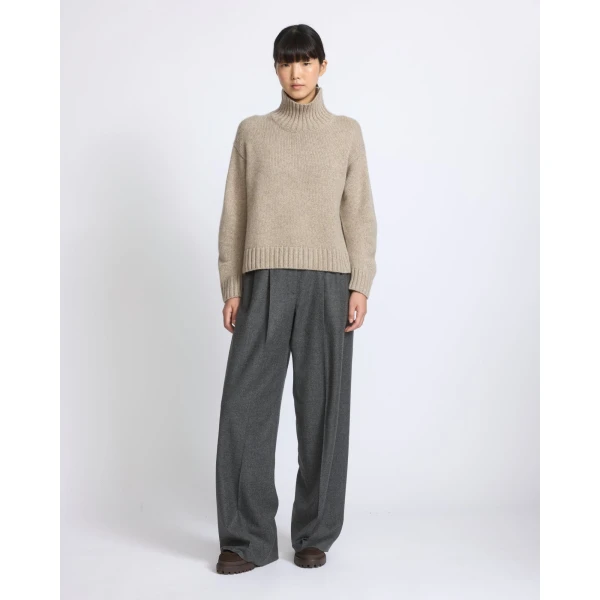 Yves Salomon Cashmere Knit Funnel Neck Sweater in Beige | Turtlenecks | Coveti