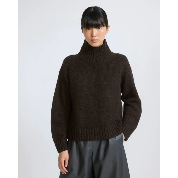 Yves Salomon Cashmere Knit Funnel Neck Sweater in Brown | Turtlenecks | Coveti