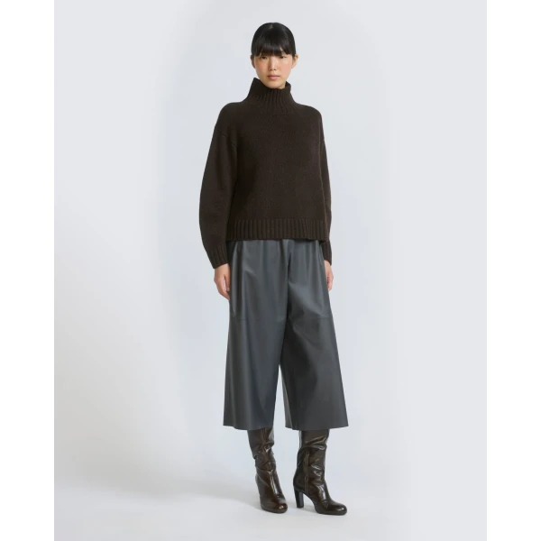 Yves Salomon Cashmere Knit Funnel Neck Sweater in Brown | Turtlenecks | Coveti