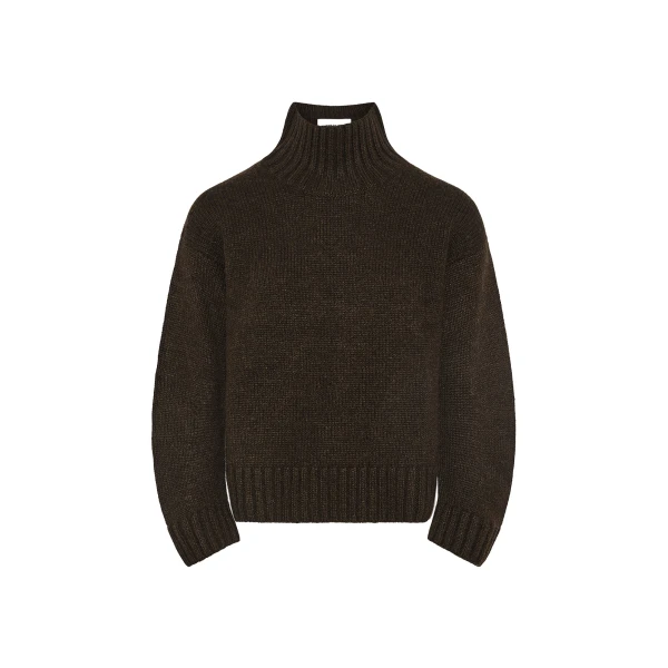 Yves Salomon Cashmere Knit Funnel Neck Sweater in Brown | Turtlenecks | Coveti