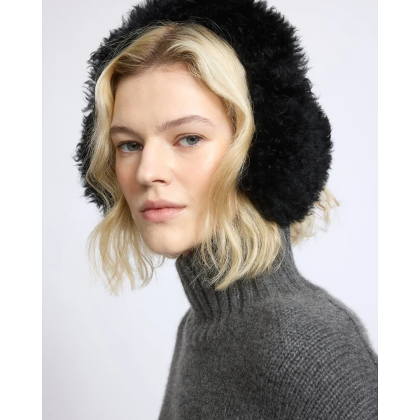 Yves Salomon Cashmere Lambskin Shearling Earmuffs in Black | Hats | Coveti
