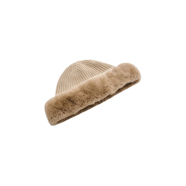 Yves Salomon Cashmere Wool Knit Beanie with Rex Rabbit Fur Turn-Up in Beige | Hats | Coveti