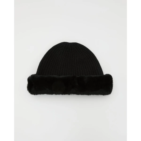 Yves Salomon Cashmere Wool Knit Beanie with Rex Rabbit Fur Turn-Up in Black | Hats | Coveti