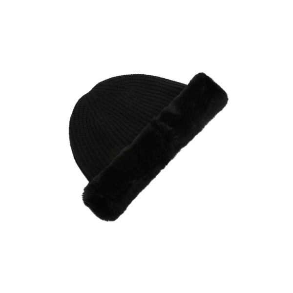 Yves Salomon Cashmere Wool Knit Beanie with Rex Rabbit Fur Turn-Up in Black | Hats | Coveti