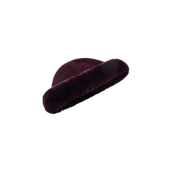 Yves Salomon Cashmere Wool Knit Beanie with Rex Rabbit Fur Turn-Up in Bordeaux | Hats | Coveti