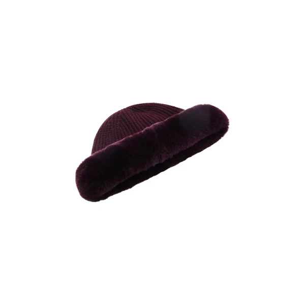 Yves Salomon Cashmere Wool Knit Beanie with Rex Rabbit Fur Turn-Up in Bordeaux | Hats | Coveti
