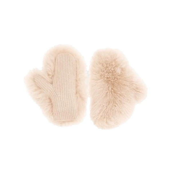 Yves Salomon Cashmere Wool Knit Mittens with Cashmere Lambskin in Beige | Gloves | Coveti