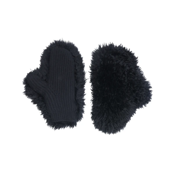 Cashmere Wool Knit Mittens with Cashmere Lambskin in Black