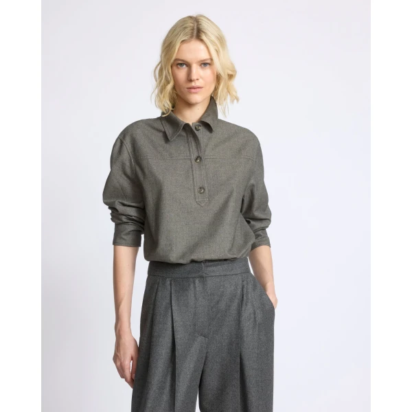 Yves Salomon Cashmere and Cotton Polo Collar Blouse in Grey | Blouse | Coveti