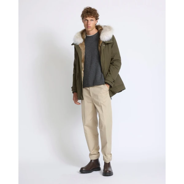 Yves Salomon Cotton-Blend Parka with Coyote and Rabbit Fur in Dark Khaki | Men's Jackets | Coveti