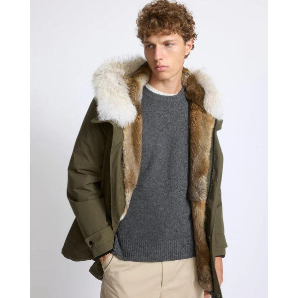 Yves Salomon Cotton-Blend Parka with Coyote and Rabbit Fur in Dark Khaki | Men's Jackets | Coveti