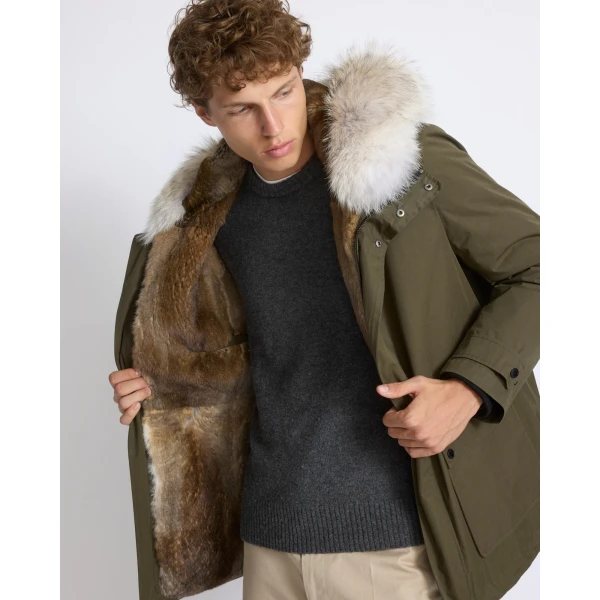 Yves Salomon Cotton-Blend Parka with Coyote and Rabbit Fur in Dark Khaki | Men's Jackets | Coveti