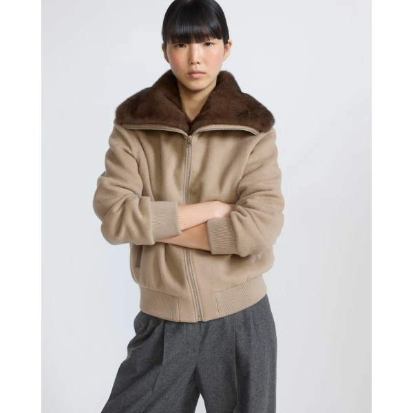 Yves Salomon Cropped Cashmere-Blend Blouson with Removable Mink Collar in Beige | Jackets | Coveti