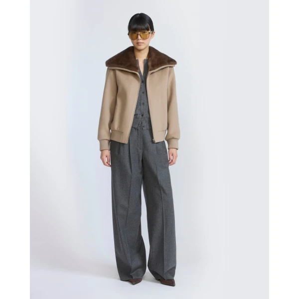 Yves Salomon Cropped Cashmere-Blend Blouson with Removable Mink Collar in Beige | Jackets | Coveti