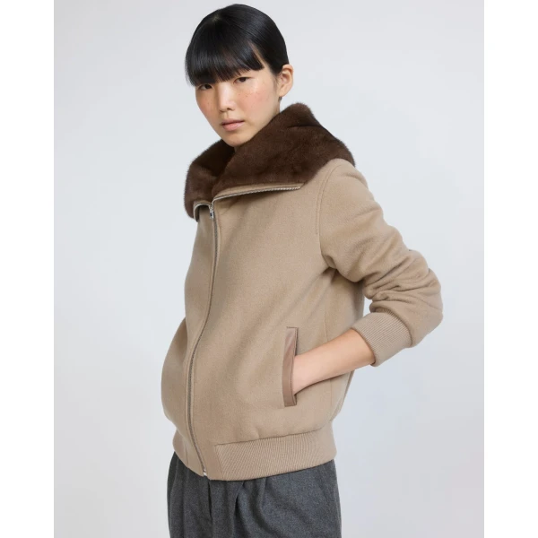 Yves Salomon Cropped Cashmere-Blend Blouson with Removable Mink Collar in Beige | Jackets | Coveti