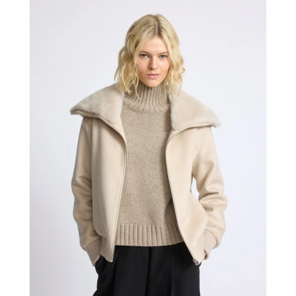 Yves Salomon Cropped Cashmere-Blend Blouson with Removable Mink Collar in Beige | Jackets | Coveti