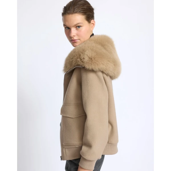Yves Salomon Cropped Cashmere Wool Jacket with Fox Fur Collar in Beige | Jackets | Coveti