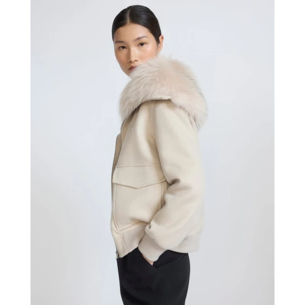Yves Salomon Cropped Cashmere Wool Jacket with Fox Fur Collar in Beige | Jackets | Coveti