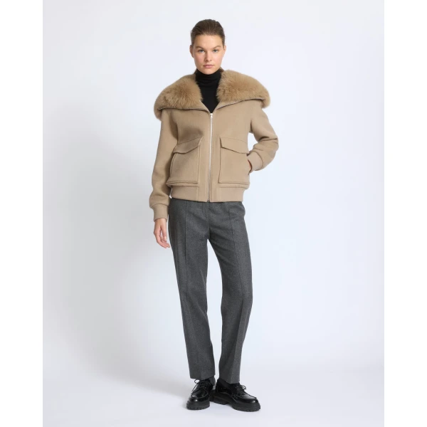 Yves Salomon Cropped Cashmere Wool Jacket with Fox Fur Collar in Beige | Jackets | Coveti