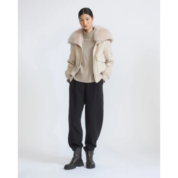 Yves Salomon Cropped Cashmere Wool Jacket with Fox Fur Collar in Beige | Jackets | Coveti