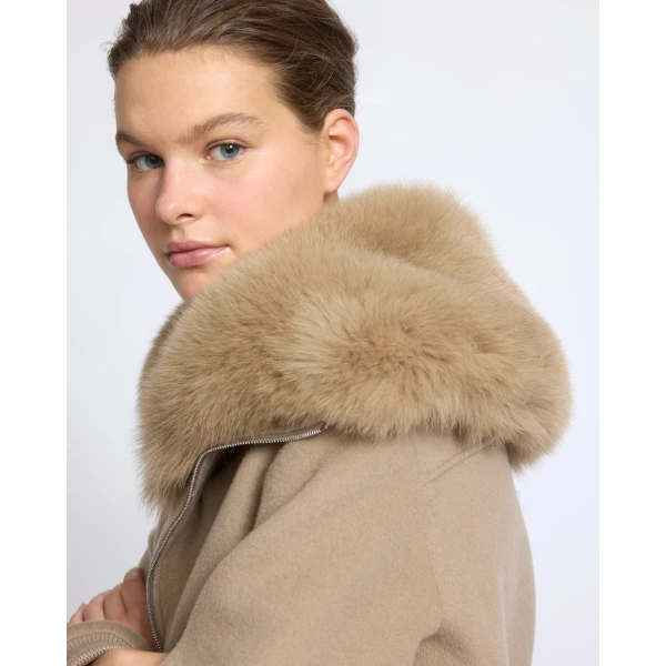 Yves Salomon Cropped Cashmere Wool Jacket with Fox Fur Collar in Beige | Jackets | Coveti