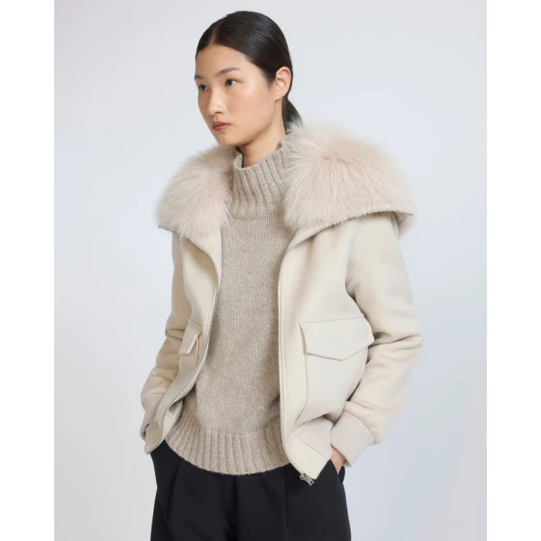 Yves Salomon Cropped Cashmere Wool Jacket with Fox Fur Collar in Beige | Jackets | Coveti