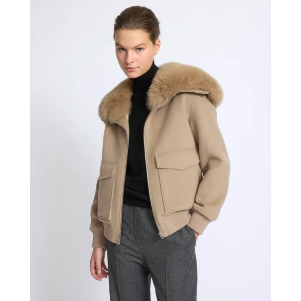 Yves Salomon Cropped Cashmere Wool Jacket with Fox Fur Collar in Beige | Jackets | Coveti