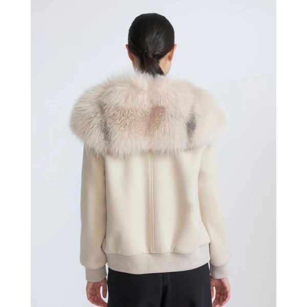 Yves Salomon Cropped Cashmere Wool Jacket with Fox Fur Collar in Beige | Jackets | Coveti