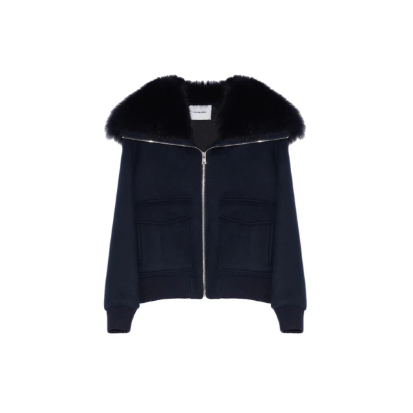 Cropped Cashmere Wool Jacket with Fox Fur Collar in Beige