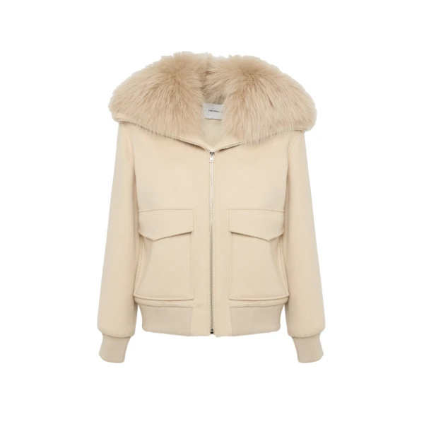 Yves Salomon Cropped Cashmere Wool Jacket with Fox Fur Collar in Beige | Women | Coveti