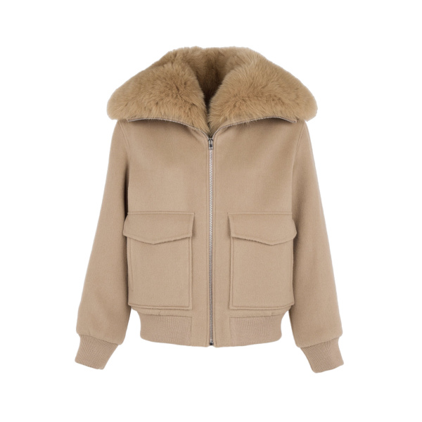 Yves Salomon Cropped Cashmere Wool Jacket with Fox Fur Collar in Beige | Women | Coveti