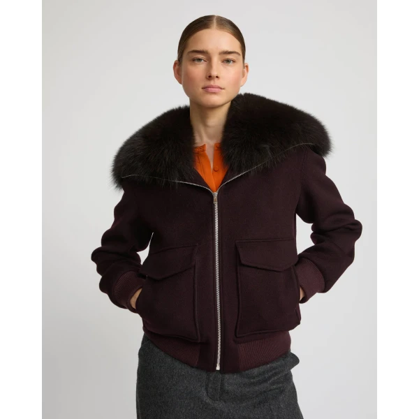 Yves Salomon Cropped Cashmere Wool Jacket with Fox Fur Collar in Bordeaux | Jackets | Coveti