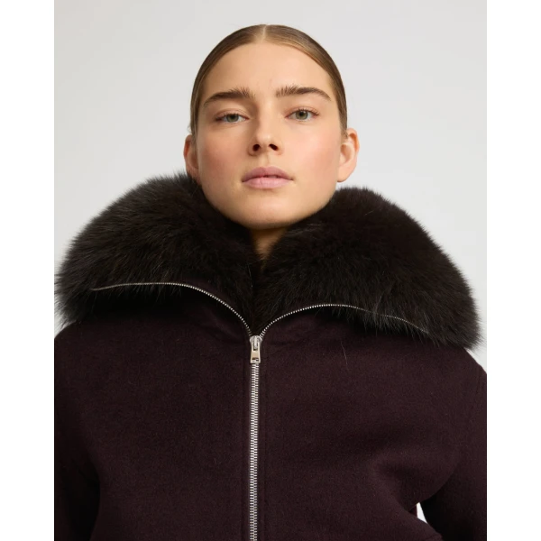 Yves Salomon Cropped Cashmere Wool Jacket with Fox Fur Collar in Bordeaux | Jackets | Coveti