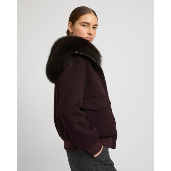 Yves Salomon Cropped Cashmere Wool Jacket with Fox Fur Collar in Bordeaux | Jackets | Coveti