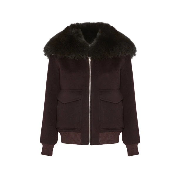 Yves Salomon Cropped Cashmere Wool Jacket with Fox Fur Collar in Bordeaux | Women | Coveti