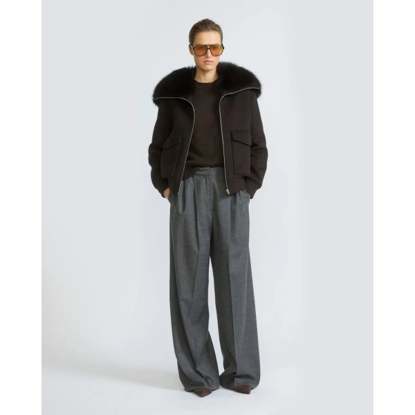 Yves Salomon Cropped Cashmere Wool Jacket with Fox Fur Collar in Brown | Jackets | Coveti