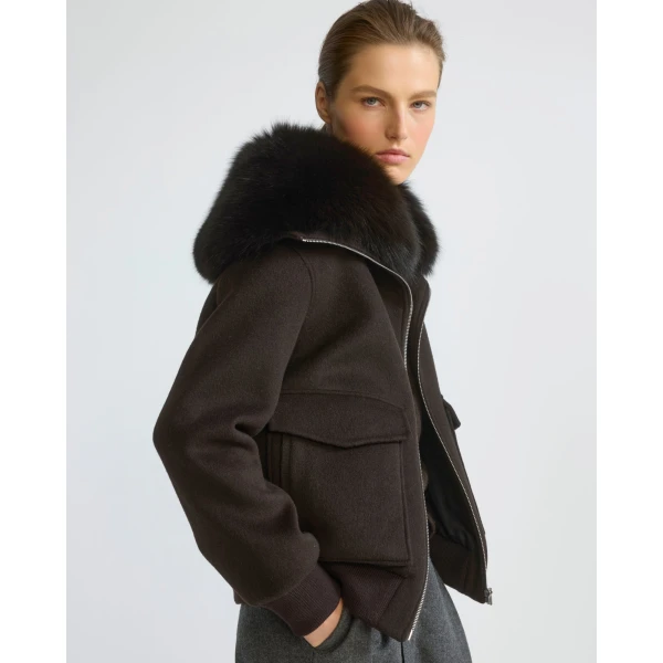 Yves Salomon Cropped Cashmere Wool Jacket with Fox Fur Collar in Brown | Jackets | Coveti