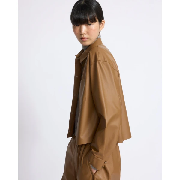 Yves Salomon Cropped Lambskin Leather Shirt in Brown | Shirts | Coveti