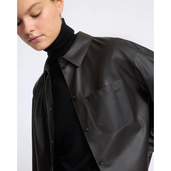Yves Salomon Cropped Lambskin Leather Shirt in Brown | Shirts | Coveti