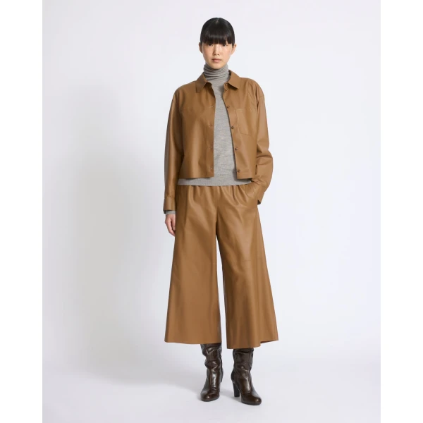 Yves Salomon Cropped Lambskin Leather Shirt in Brown | Shirts | Coveti