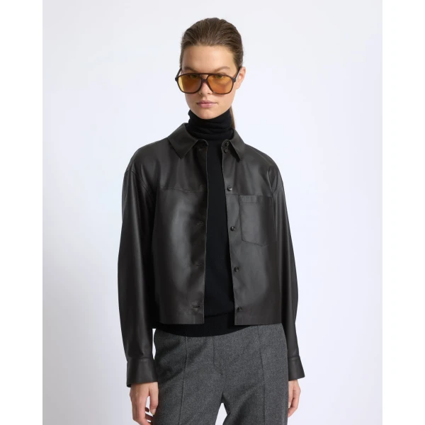 Yves Salomon Cropped Lambskin Leather Shirt in Brown | Shirts | Coveti