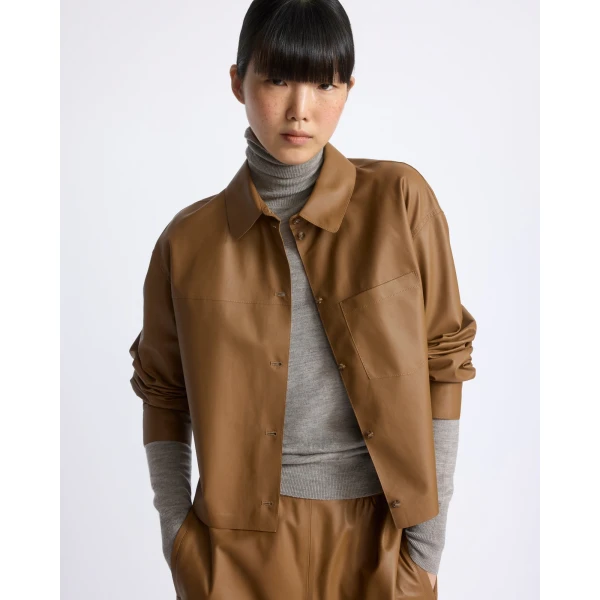 Yves Salomon Cropped Lambskin Leather Shirt in Brown | Shirts | Coveti