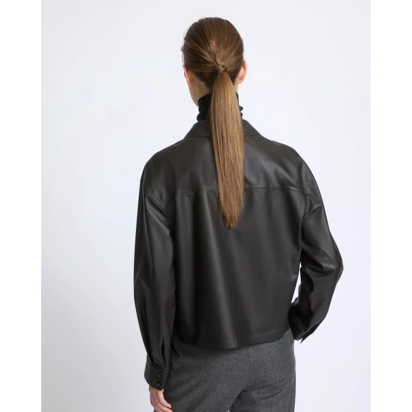 Yves Salomon Cropped Lambskin Leather Shirt in Brown | Shirts | Coveti
